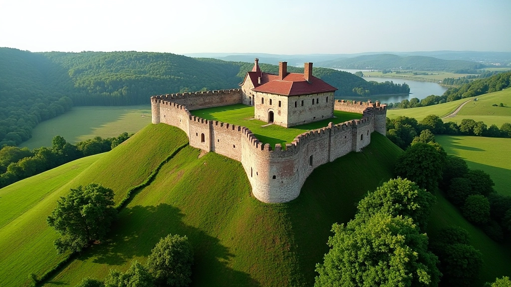 Panoramiczny widok na tereny fortyfikacyjne Kłodzka z wieżą obserwacyjną, łąki w oddali