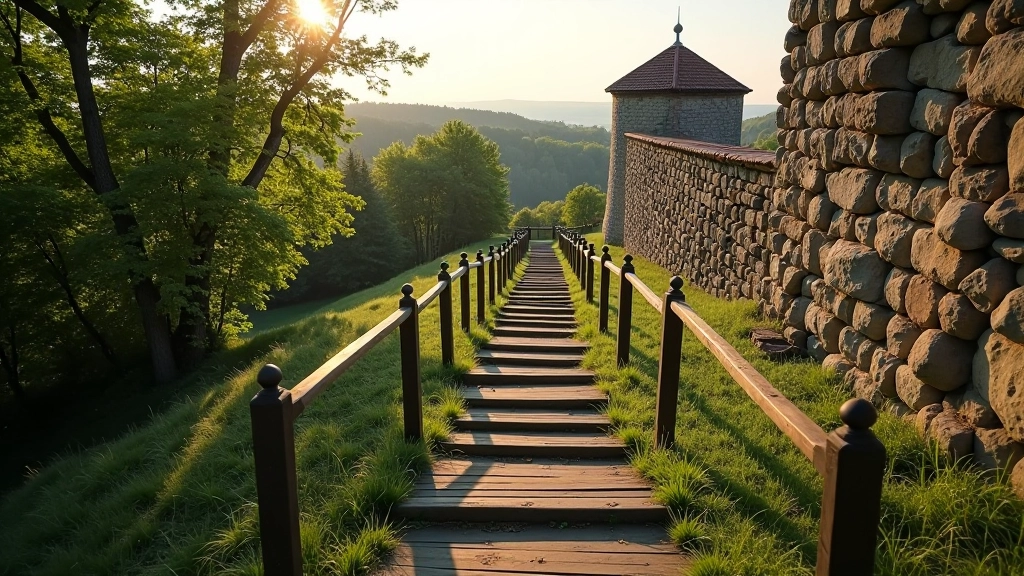 Przygotowana ścieżka spacerowa wśród fortyfikacji z drewnianymi poręczami