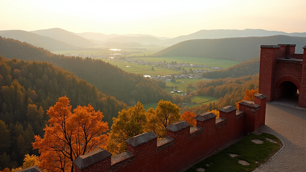 Widok z bastionów na dolinę Kłodzka, stare mury cegły, polanapanorama krajobraz