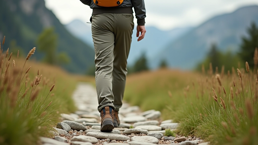 Osoba ubrana w trekkingowe buty, spodnie i wygodną kurtkę, stoi na kamiennej ścieżce